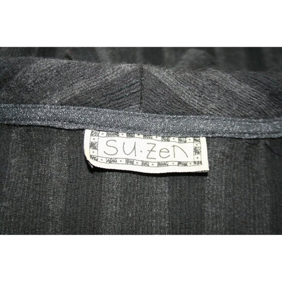Su-Zen Wool Blend Cardigan Sweater Women L Black Gray Stripe Made in USA Artisan - Picture 3 of 9